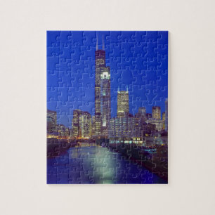 Puzzle Chicago, Illinois, vue panoramique nocturne avec C