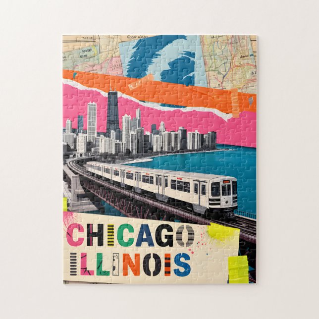 Puzzle Chicago Skyline Train Collage Pop Art Rétro Voyage (Vertical)