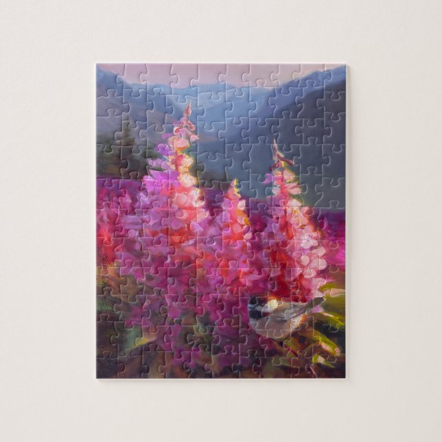 Puzzle Chickadee sur les fleurs sauvages d'Alaska avec (Vertical)