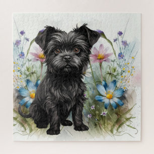 Puzzle Chien Affenpinscher mignon dans un champ de fleurs