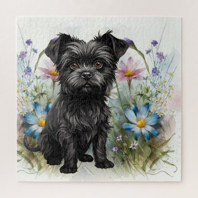 Puzzle Chien Affenpinscher mignon dans un champ de fleurs (Vertical)
