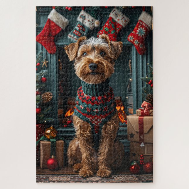 Puzzle Chien Airedale avec cheminée de cadeaux de Noël (Vertical)