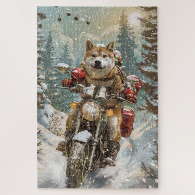 Puzzle Chien Akita à moto Noël (Vertical)