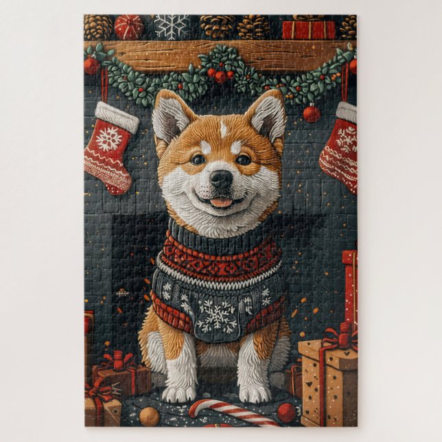 Puzzle Chien Akita avec cheminée de cadeaux de Noël (Vertical)