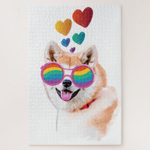 Puzzle Chien Akita avec la Saint-Valentin coeurs 