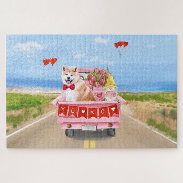 Puzzle Chien Akita Camion de la Saint-Valentin Cœurs  (Horizontal)