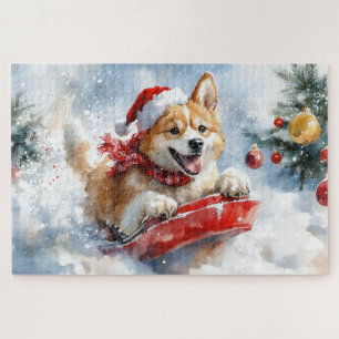 Puzzle Chien Akita en traîneau Laissez neige Noël