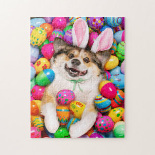 Puzzle Chien allongé sur des œufs de Pâques