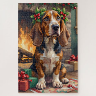 Puzzle Chien Basset Hound Attachant avec Couronne de Noël
