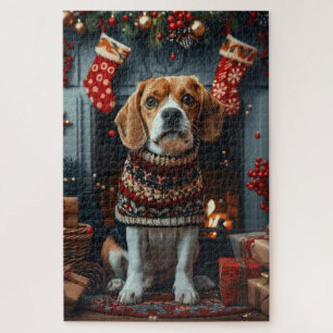 Puzzle Chien beagle avec cadeaux de Noël cheminée