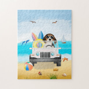 Puzzle Chien beagle conduisant sur la plage