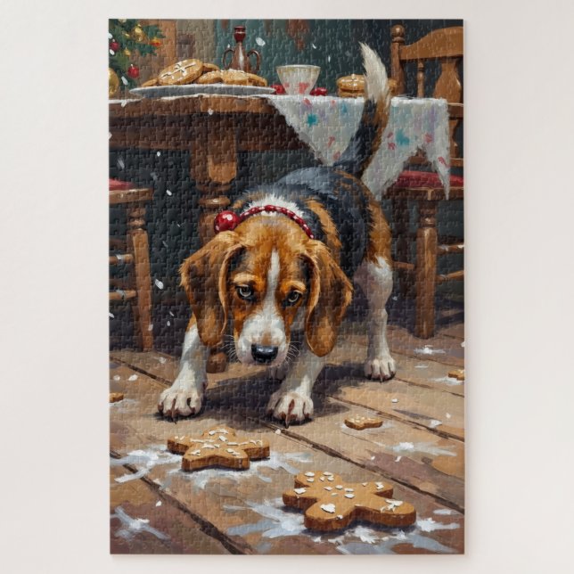 Puzzle Chien Beagle traquant le pain d'épice Noël Fun Art (Vertical)