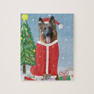 Puzzle Chien berger allemand en neige avec cadeaux de Noë