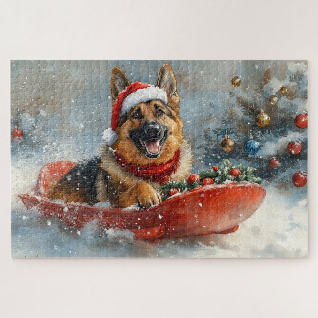 Puzzle Chien berger allemand en neige dorée Noël (Horizontal)