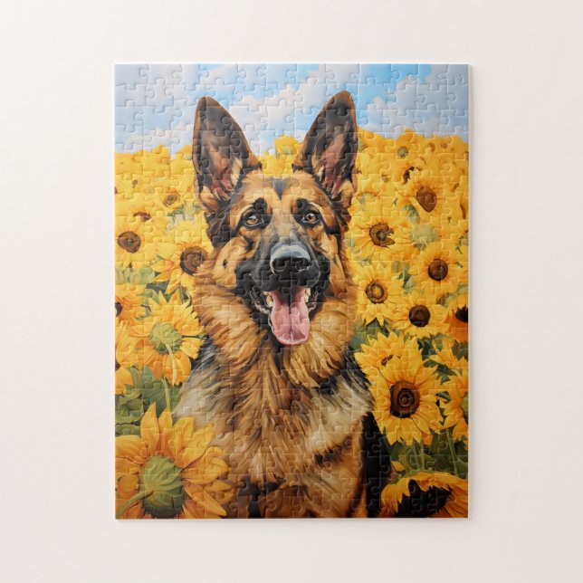 Puzzle Chien berger allemand en tournesol (Vertical)