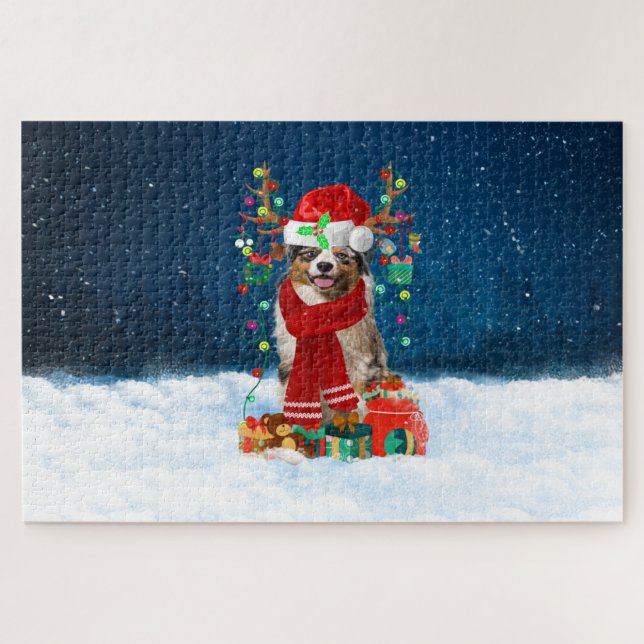 Puzzle Chien Berger Australien avec cadeaux de Noël (Horizontal)