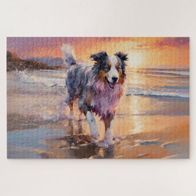 Puzzle Chien berger australien sable sur coucher de solei (Horizontal)