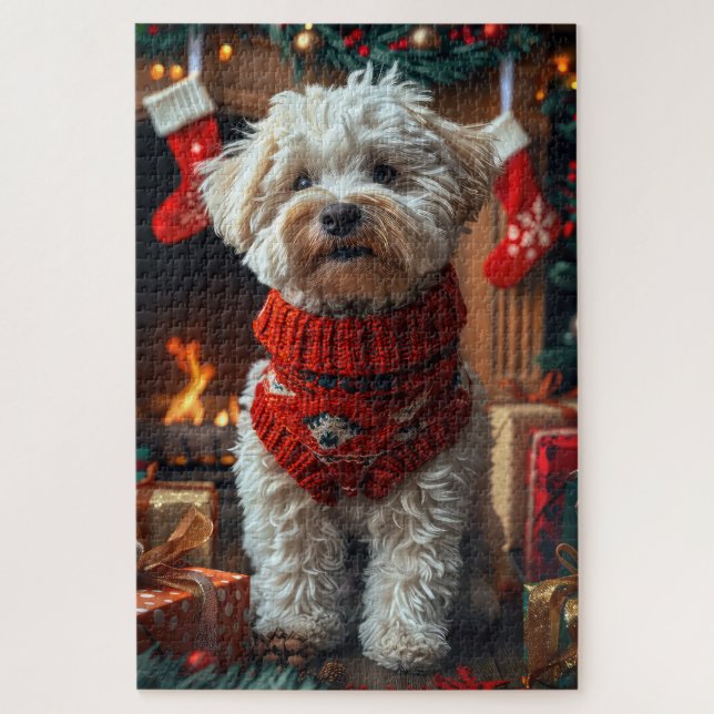 Puzzle Chien Bichon Frise avec cadeaux de Noël cheminée (Vertical)