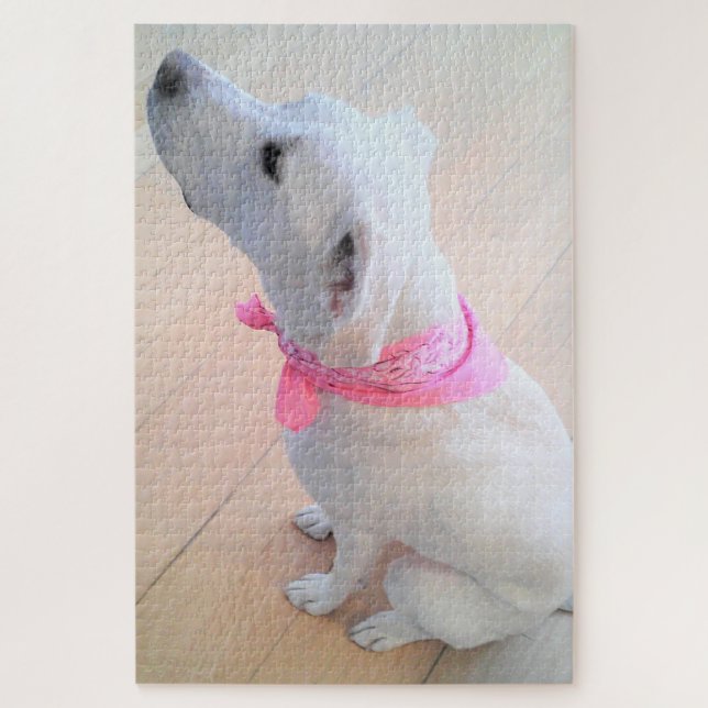 Puzzle Chien blanc mignon portant une écusson rose (Vertical)