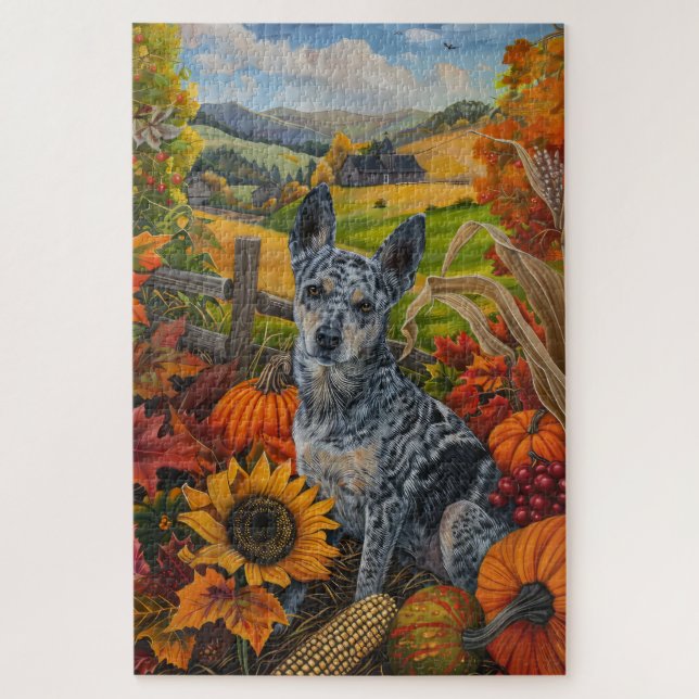 Puzzle Chien Blue Heeler Récolte d'Automne Action de Grâc (Vertical)