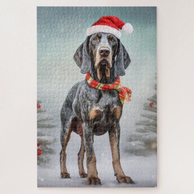 Puzzle Chien Bluetick Coonhound dans la neige de Noël  (Vertical)