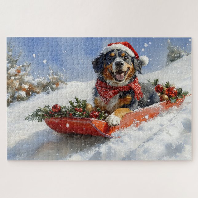 Puzzle Chien Bluetick Coonhound dans un traîneau de Noël (Horizontal)