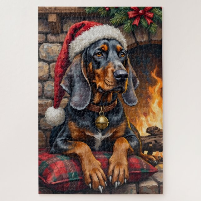 Puzzle Chien Bluetick Coonhound Lodge Noël Cozy (Vertical)