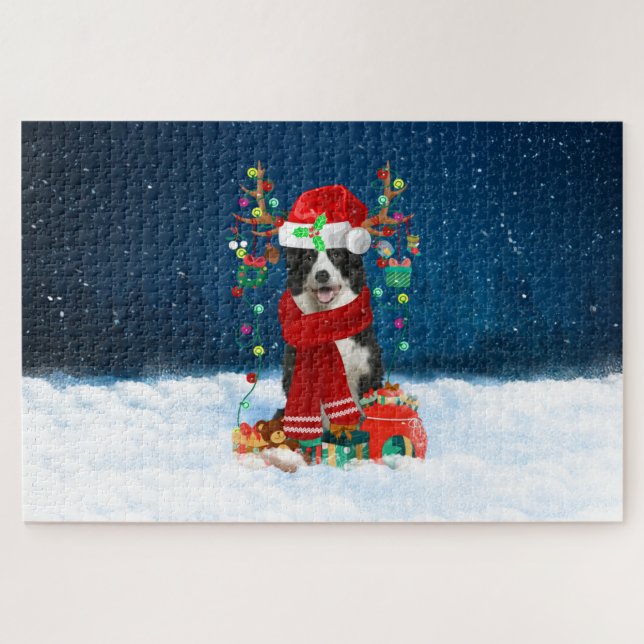 Puzzle Chien Border Collie avec des cadeaux de Noël (Horizontal)