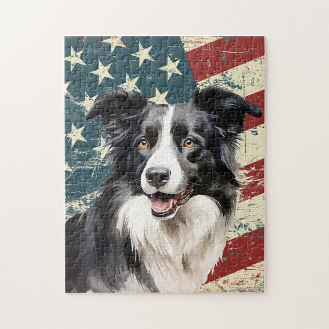 Puzzle Chien Border Collie avec drapeau américain grunge (Vertical)