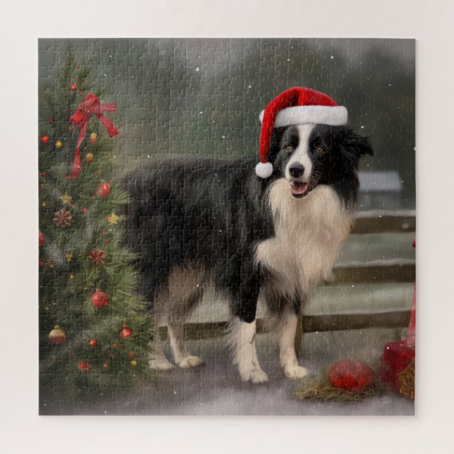 Puzzle Chien Border Collie dans la neige de Noël (Vertical)