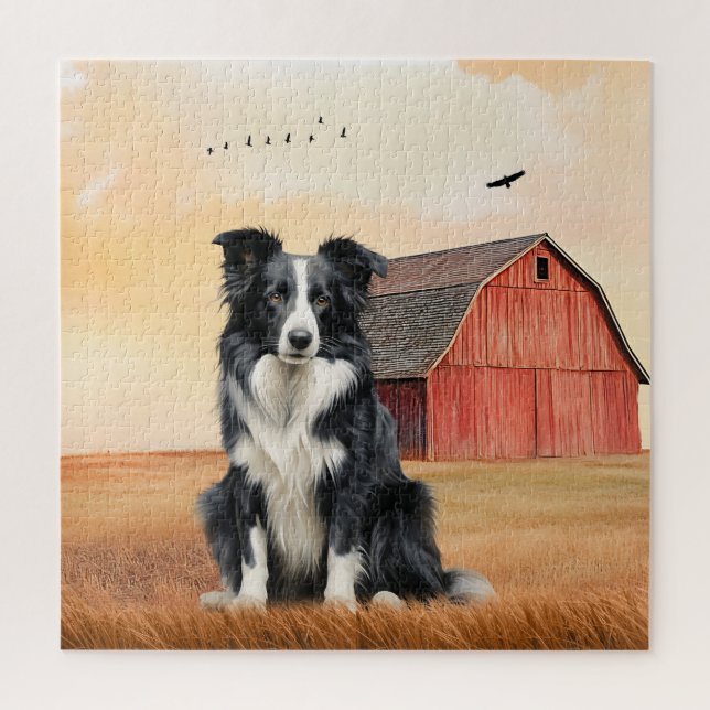 Puzzle Chien Border Collie et Ranch à grange rouge (Vertical)