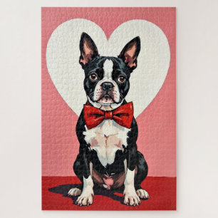 Puzzle Chien Boston Terrier Saint-Valentin Nœud Cramoisi