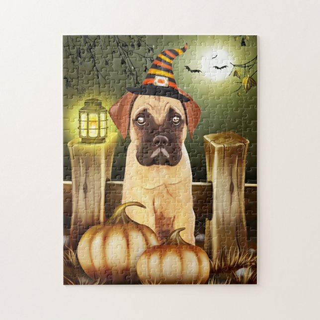 Puzzle Chien bullmastiff avec Casquette sorcier Halloween (Vertical)