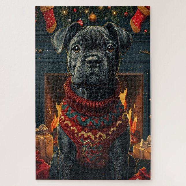 Puzzle Chien Cane Corso avec Cheminée de Cadeaux de Noël (Vertical)