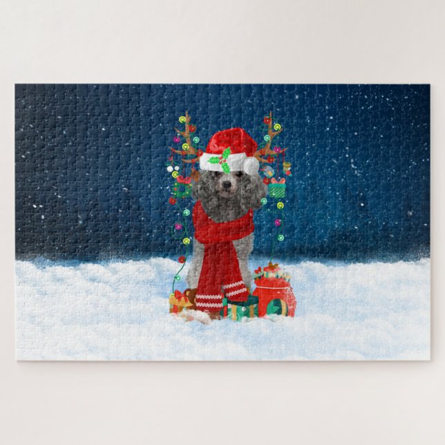 Puzzle Chien caniche avec cadeaux de Noël (Horizontal)