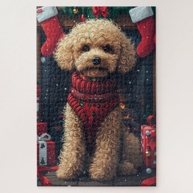 Puzzle Chien Caniche Avec Cheminée De Cadeaux De Noël (Vertical)