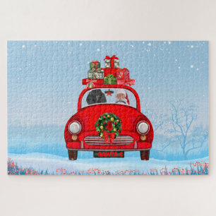 Puzzle Chien caniche dans une voiture avec le Père Noël 