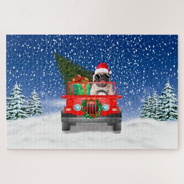 Puzzle Chien carlin avec cadeaux de Noël (Horizontal)