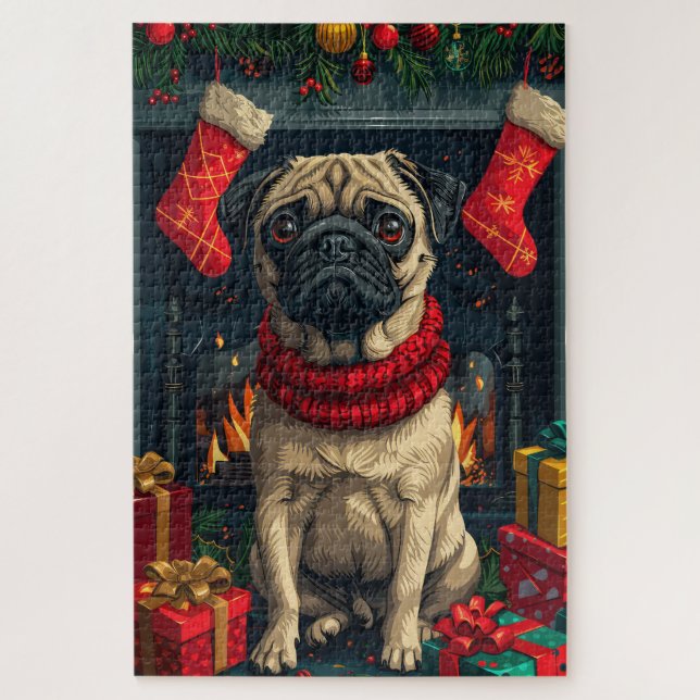 Puzzle Chien Carlin Avec Cheminée De Cadeaux De Noël  (Vertical)