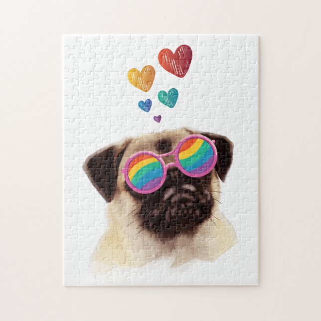 Puzzle Chien Carlin avec coeurs Saint-Valentin (Vertical)