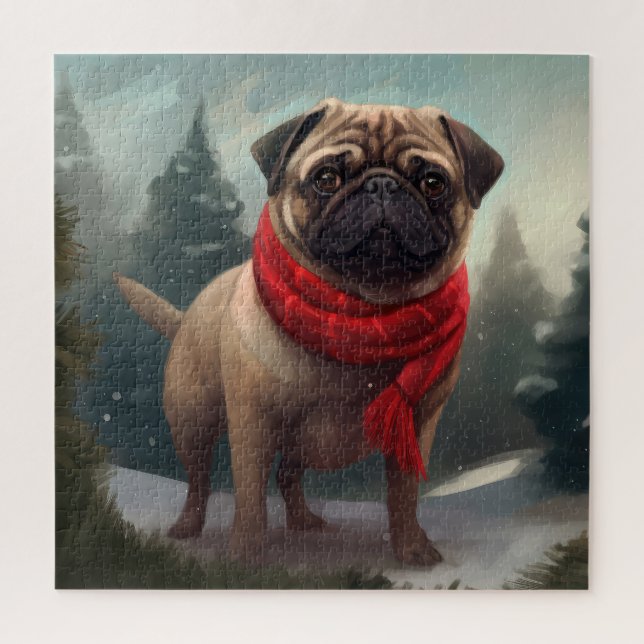 Puzzle Chien Carlin dans la neige de Noël (Vertical)