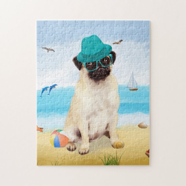 Puzzle Chien carlin sur la plage (Vertical)