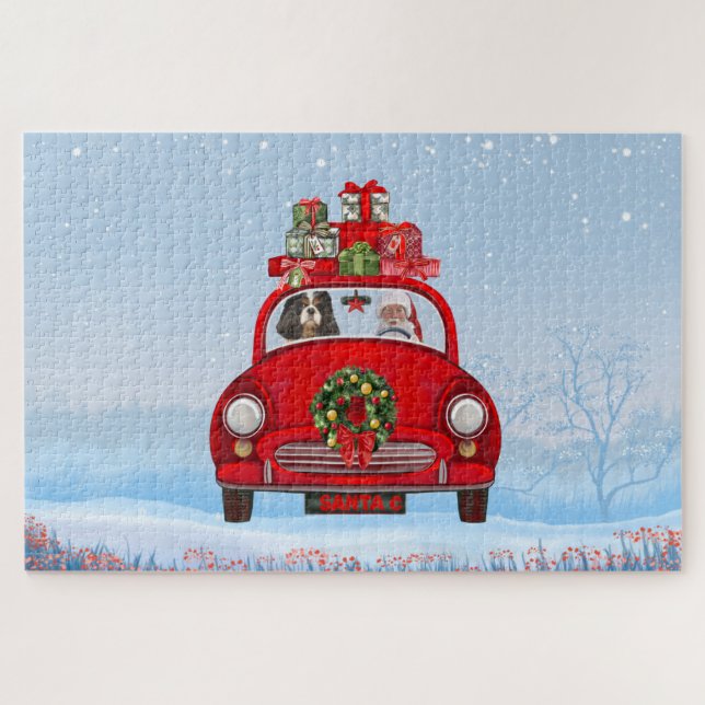 Puzzle Chien Cavalier King Dans Une Voiture Avec Le Père  (Horizontal)