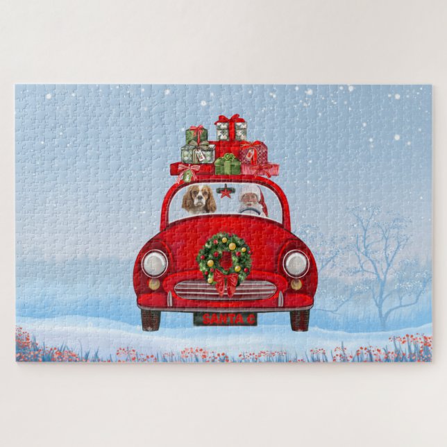 Puzzle Chien Cavalier King dans une voiture avec le Père  (Horizontal)