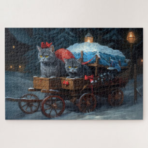 Puzzle Chien Chat Bleu Oriental Noël Traîneau Décor