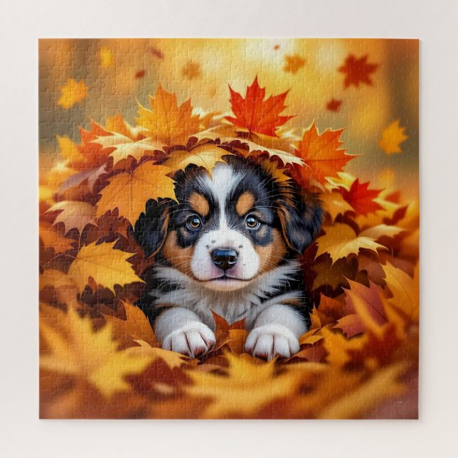 Puzzle Chien chic mignon dans les feuilles d'automne (Vertical)