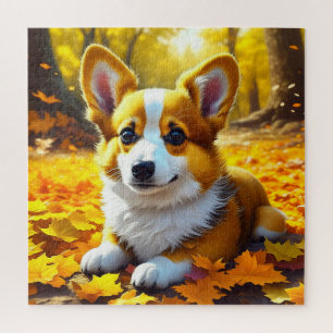 Puzzle Chien Chien Chien Chien Corgi Jouant dans les Feui