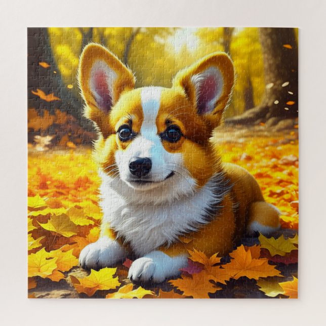 Puzzle Chien Chien Chien Chien Corgi Jouant dans les Feui (Vertical)