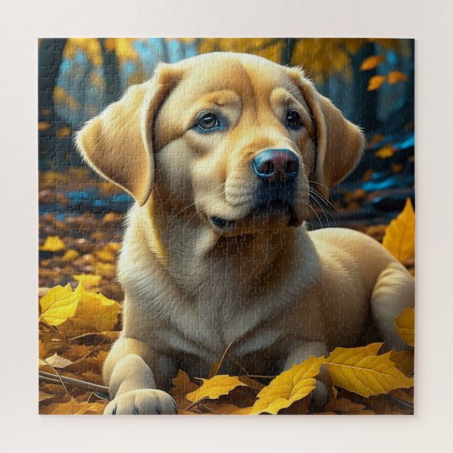 Puzzle Chien chiot jouant dans les feuilles d'automne (Vertical)