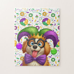 Puzzle Chien chiot mignon Mardi Gras en casquette jester